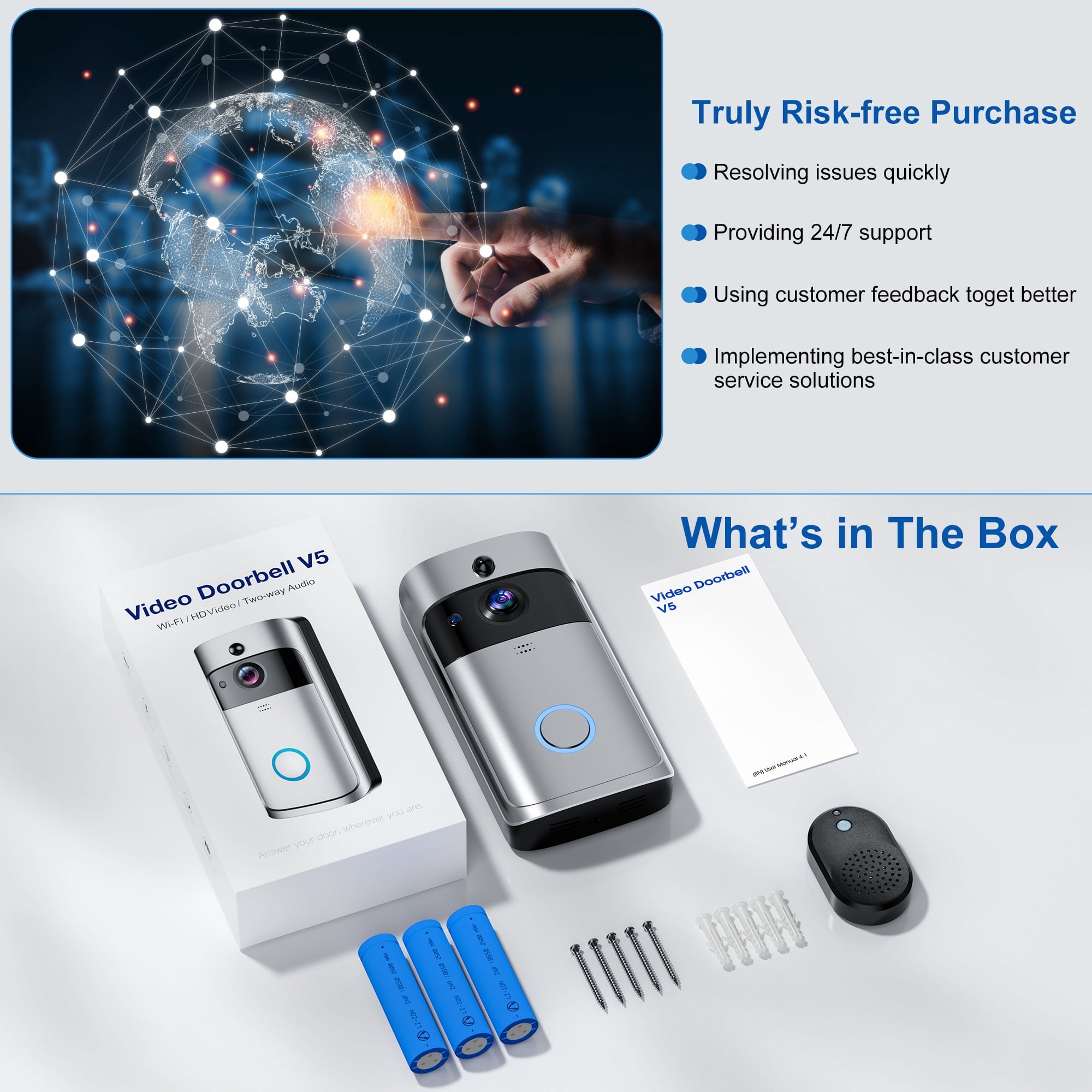 VEAT00L Doorbell Camera Wireless , 1080P Video Doorbell with Chime, Front Door Camera, 2-way Audio, Instant Alert,PIR Motion Detection,Night Vision,Battery-Powered Smart Doorbell