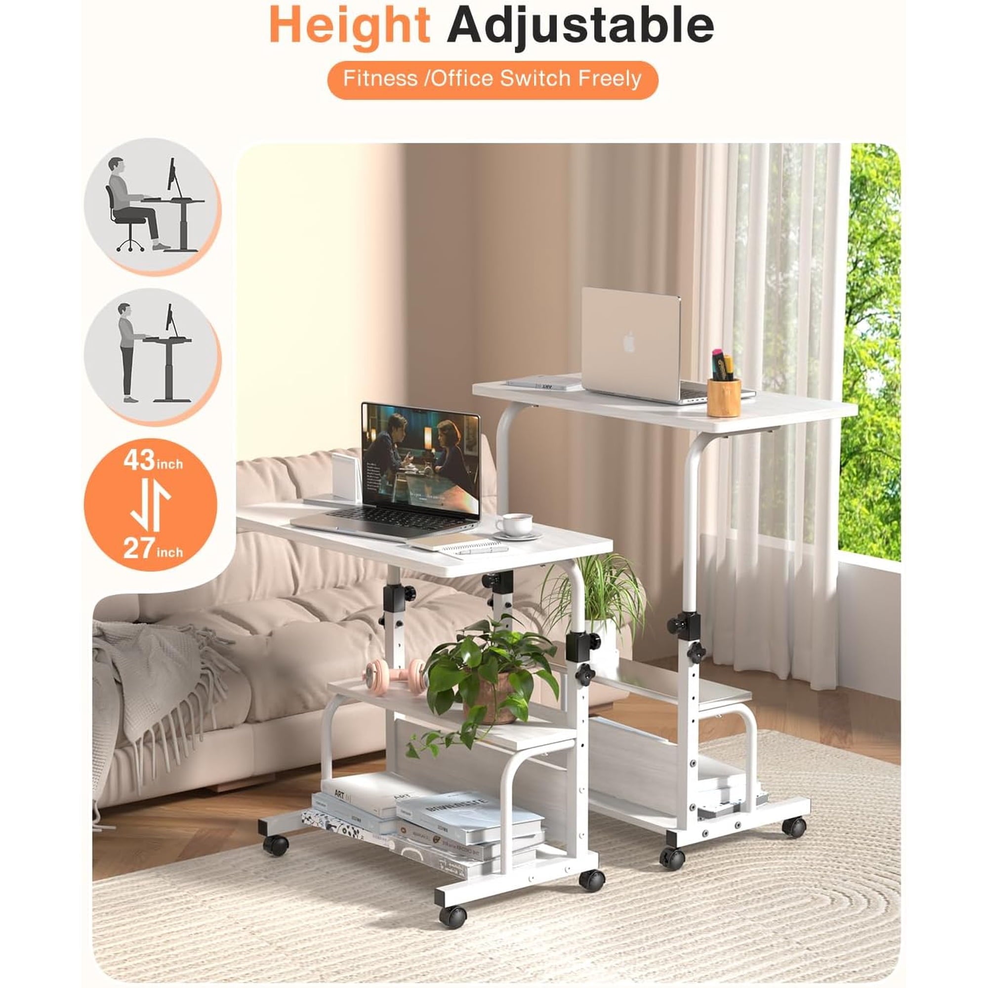 KLSMYHOKI Portable Desk with Wheels Small Standing Desk on Wheels Adjustable Height Rolling Desks for Small Spaces, 32" Computer Desks with Storage Shelves for Home Office Study White