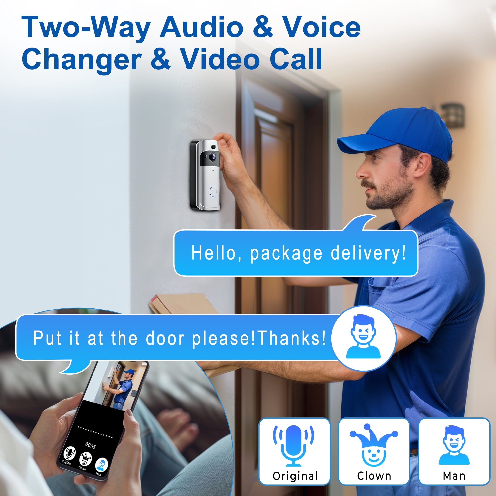 VEAT00L Doorbell Camera Wireless , 1080P Video Doorbell with Chime, Front Door Camera, 2-way Audio, Instant Alert,PIR Motion Detection,Night Vision,Battery-Powered Smart Doorbell