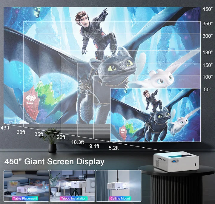 HD 1080P 5G WiFi Bluetooth Projector, LCD Technology 450" Display, 18000LM 4K Support Projector for Outdoor Movies, Home Theather Projector