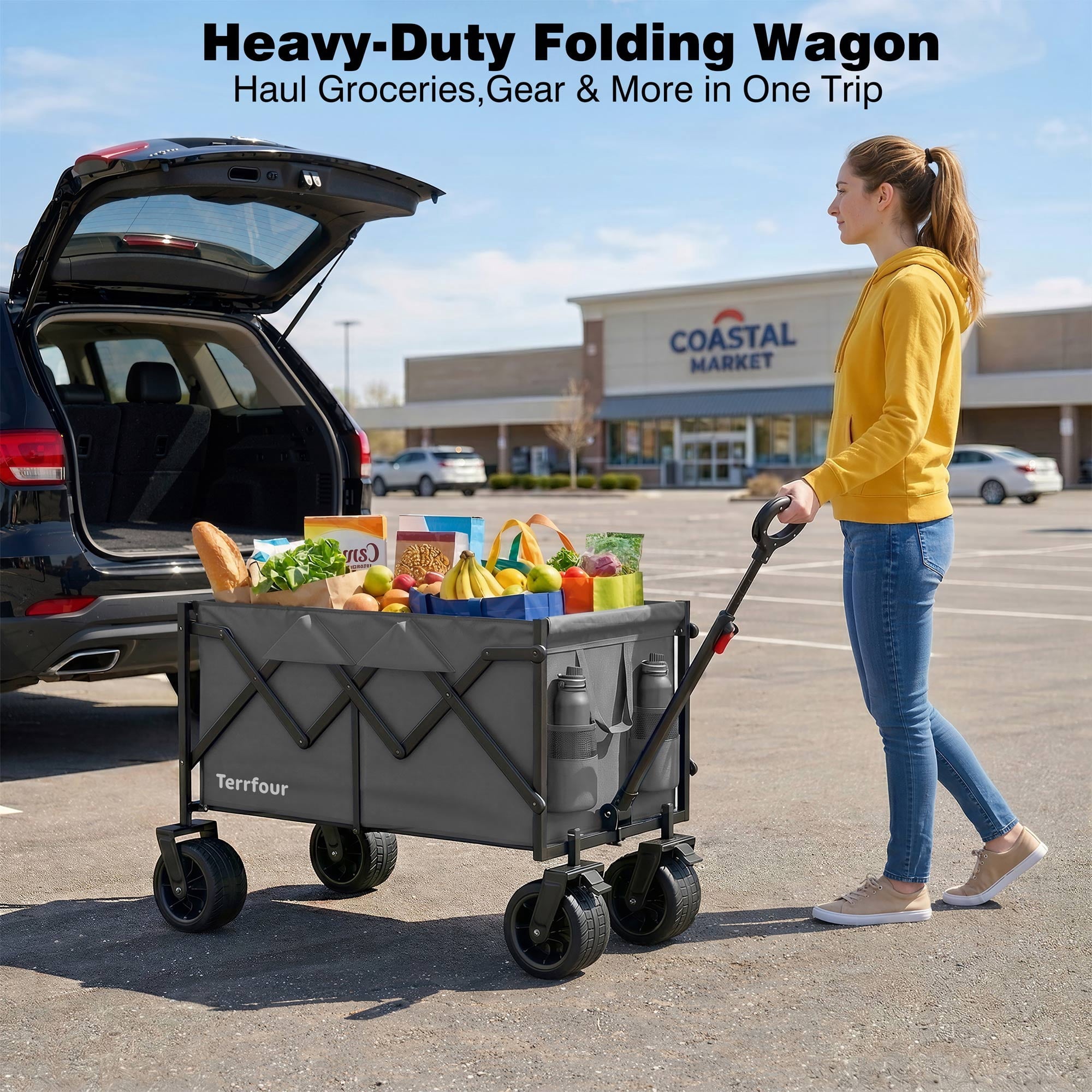 580LBS Portable Foldable Wagon Cart, Collapsible Utility Heavy Duty Wagons Carts for Grocery Sports Garden Shopping Camping,Gray