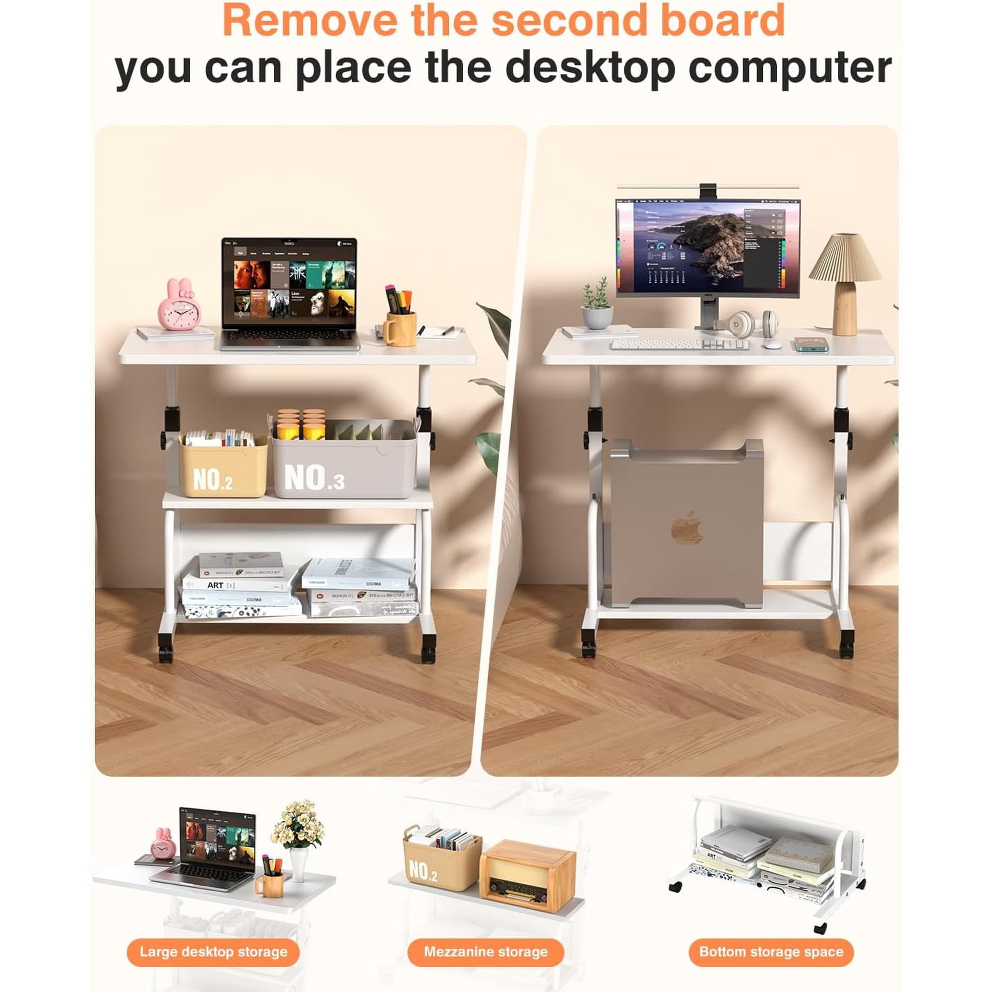 KLSMYHOKI Portable Desk with Wheels Small Standing Desk on Wheels Adjustable Height Rolling Desks for Small Spaces, 32" Computer Desks with Storage Shelves for Home Office Study White