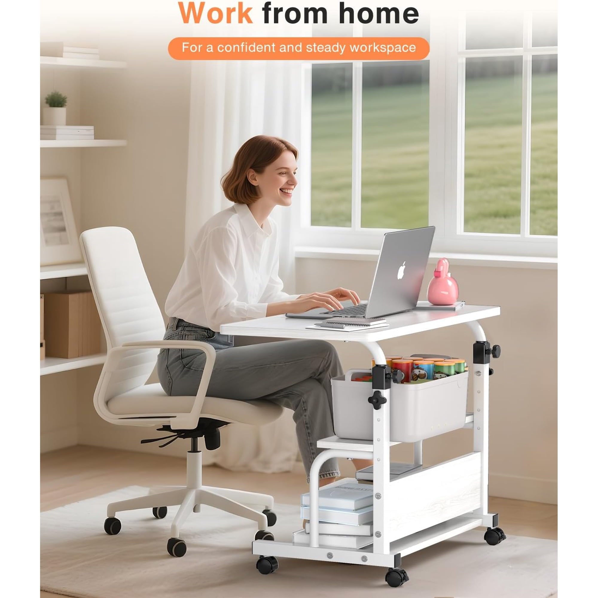 KLSMYHOKI Portable Desk with Wheels Small Standing Desk on Wheels Adjustable Height Rolling Desks for Small Spaces, 32" Computer Desks with Storage Shelves for Home Office Study White